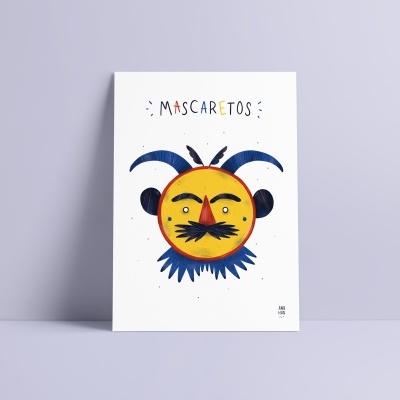 Cartaz com ilustração estilizada de máscara colorida e texto MASCARETES.