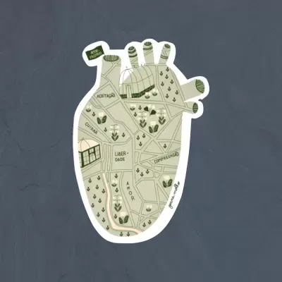 Autocolante em forma de coração com mapa interno e palavras em português
