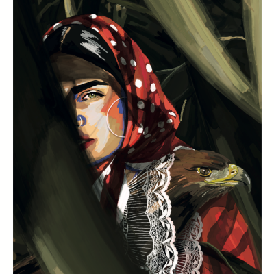 Mulher com lenço vermelho e bolinhas brancas, maquiagem colorida, roupa com renda branca e águia ao lado entre troncos de árvore.