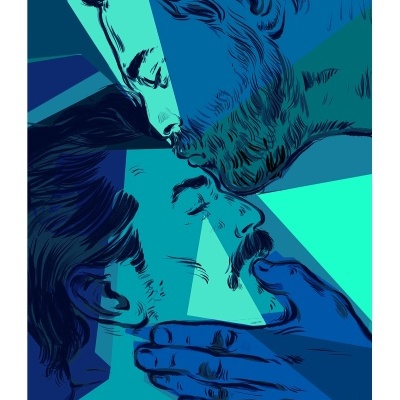 Ilustração digital de dois homens azuis num momento íntimo e afetuoso