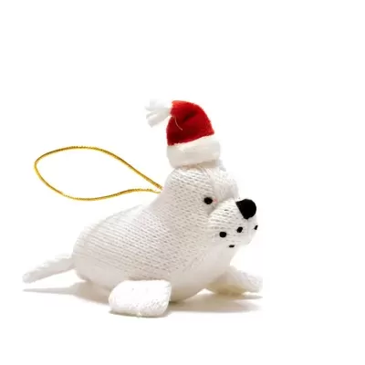 Urso polar de tecido branco com gorro de Natal vermelho para pendurar