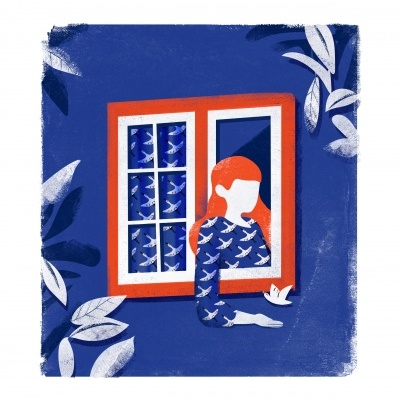 Ilustração de janela com figura humana e pássaros em roupa