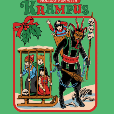 Ilustração colorida de Krampus com crianças numa jaula e trenó, texto 'HOLIDAY FUN WITH KRAMRUS'.