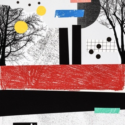 Arte abstrata colorida com motivos naturais e geométricos em fundo branco