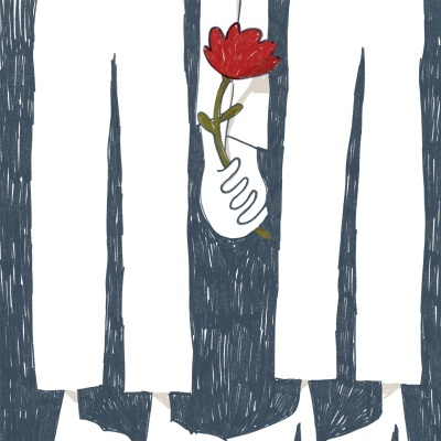 Desenho de pés com calças brancas e sapatos pretos e mão segurando flor vermelha