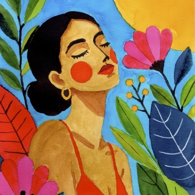 Pintura de mulher com flores coloridas ao redor