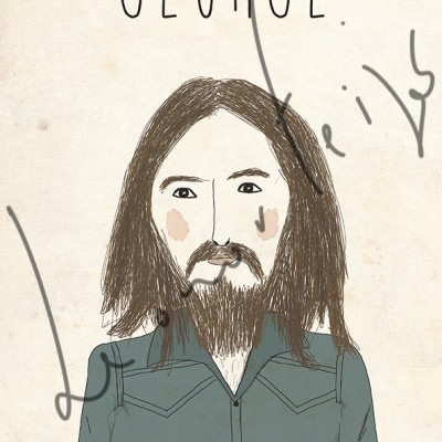 Desenho de homem com cabelo e barba castanhos, camisa azul e texto 'GEORGE.' no fundo bege
