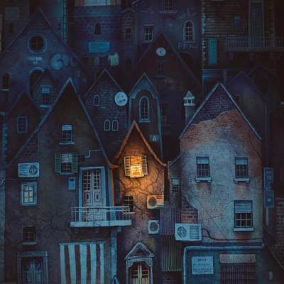 Ilustração de casas antigas em tons escuros com uma janela iluminada