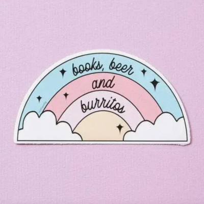 Autocolante em forma de arco-íris com texto 'books, beer and burritos'