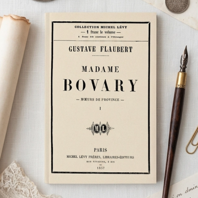 Livro Madame Bovary com pena, tinteiro, moeda, flores secas, lenço de renda e cartas sobre fundo branco