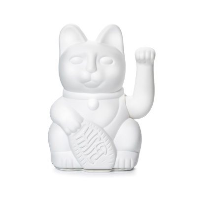 Estátua decorativa de gato Branco Maneki-neko em cerâmica com pata levantada