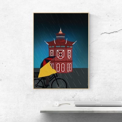 Quadro ilustrativo com figura de bicicleta, capa amarela e edifício vermelho sob chuva.