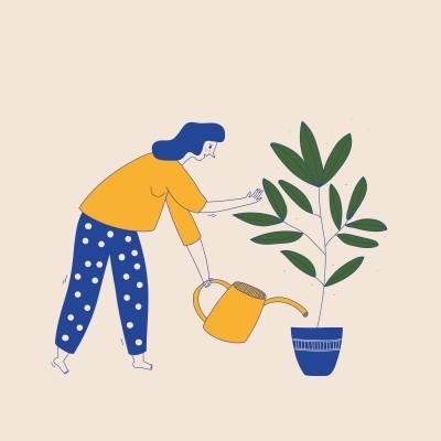 Pessoa a regar planta num vaso azul com padrão branco