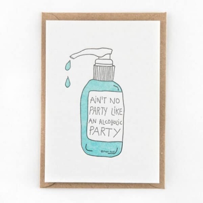 Cartão ilustrado com frasco dispensador azul e texto em inglês