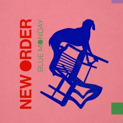 Capa de álbum rosa com texto NEW ORDER e BLUE MONDAY e figura azul estilizada.