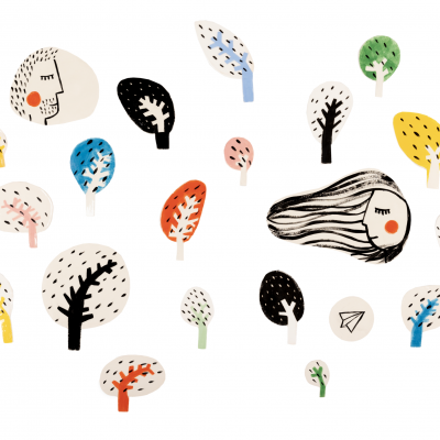 Elementos decorativos coloridos em forma de árvores e rostos sobre fundo branco