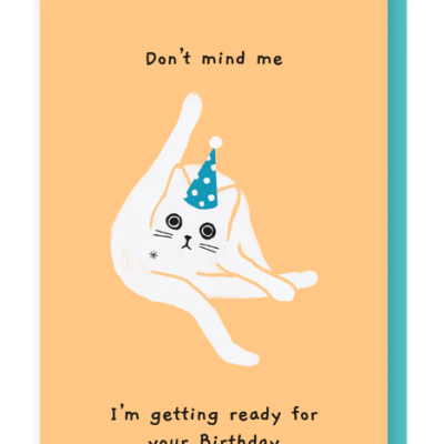 Cartão de aniversário com gato branco e chapéu de festa, texto em inglês e envelope azul.