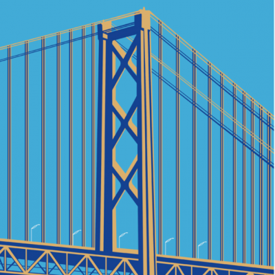 Ilustração da Ponte 25 de Abril com texto branco