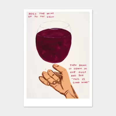 Desenho de mão segurando taça com vinho tinto e texto instrucional em vermelho