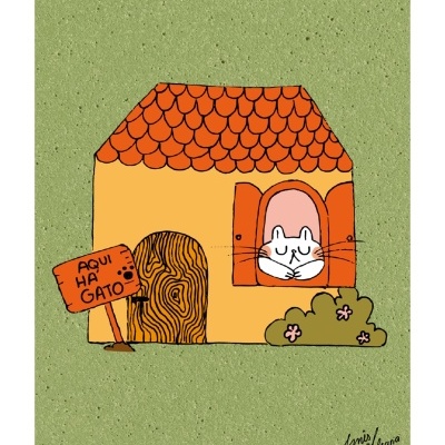 Desenho de casa amarela com telhado vermelho, gato na janela e placa 'AQUI HÁ GATO'