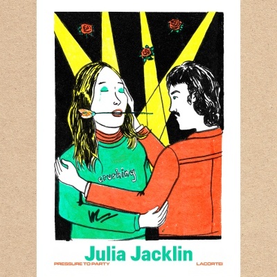 Pôster ilustrado com duas pessoas e texto Julia Jacklin PRESSURE TO PARTY LACOSTE