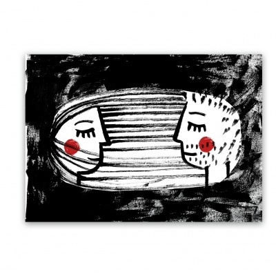 Ilustração abstrata preto e branco de duas caras com bochechas vermelhas