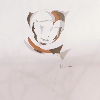 Desenho abstrato de rosto estilizado com aquarela em tons castanhos e cinzentos