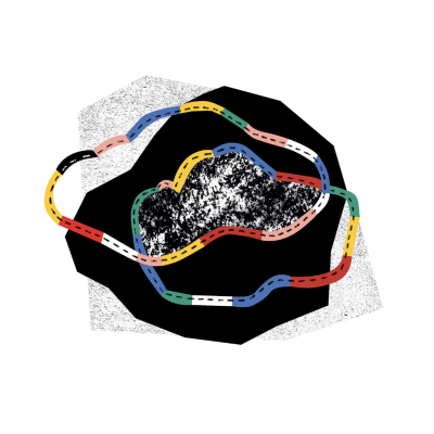 Padrão gráfico com formas irregulares pretas e linhas coloridas