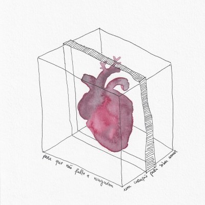 Desenho de um coração humano dentro de uma caixa transparente com texto manuscrito em português
