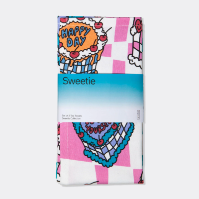 Conjunto de 2 panos de chá com bolos coloridos e texto Happy Day