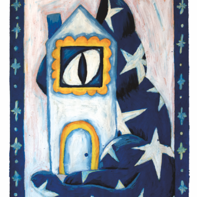 Ilustração de uma casa branca com janela amarela e um gato azul com estrelas brancas enrolado, em moldura azul com estrelas e corações
