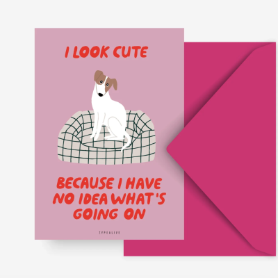 Cartão com ilustração de cão e texto engraçado com envelope rosa fúcsia.