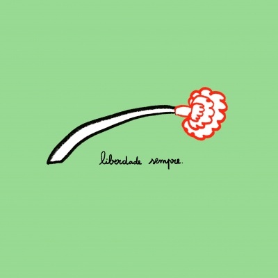 Ilustração de flor vermelha com caule branco em fundo verde e texto 'liberdade sempre.'