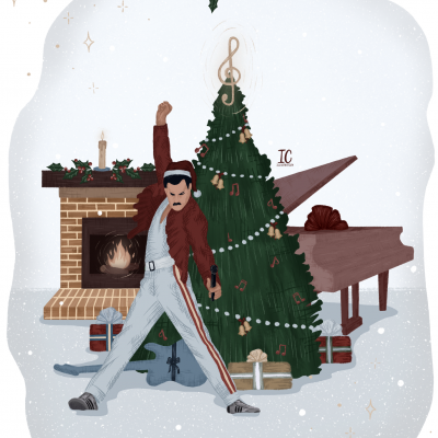 Ilustração de Freddie Mercury com árvore de Natal e decoração musical numa sala aconchegante