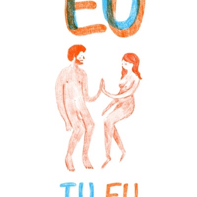 Cartaz com ilustração de homem e mulher nus e texto 