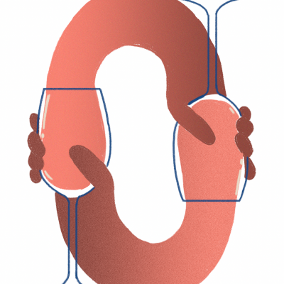 Ilustração de duas mãos segurando duas taças de vinho rosa, uma normal e outra invertida, criando um círculo