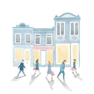 Ilustração de pessoas a caminhar em frente a edifícios antigos