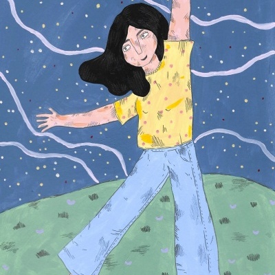 Ilustração de mulher com t-shirt amarela, calças de ganga azuis e sapatos pretos em fundo estrelado.
