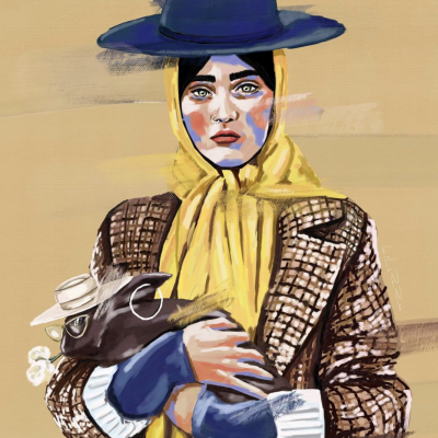 Mulher com lenço amarelo e chapéu azul segurando animal vestindo chapéu branco