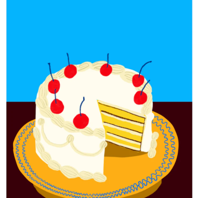 Bolo branco decorado com cerejas num prato amarelo