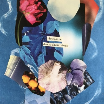 Colagem artística colorida com flores e texto em português