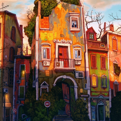 Ilustração de edifício antigo com vegetação no telhado e sinais na rua