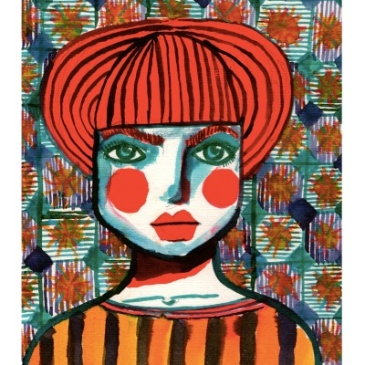 Ilustração de figura feminina com cabelo vermelho e fundo colorido geométrico