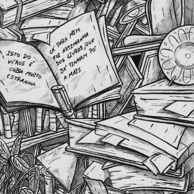 Desenho a preto e branco de livros empilhados com texto visível entre plantas e objetos