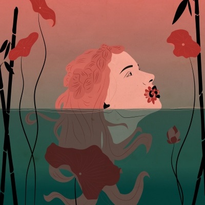Ilustração de mulher meio submersa em água com plantas e flores vermelhas.