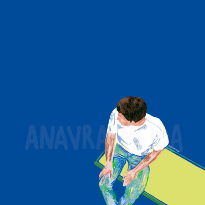 Ilustração de rapaz sentado num banco amarelo com texto 