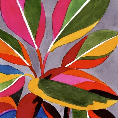 Ilustração artística de folhas coloridas com linhas brancas em fundo cinzento.