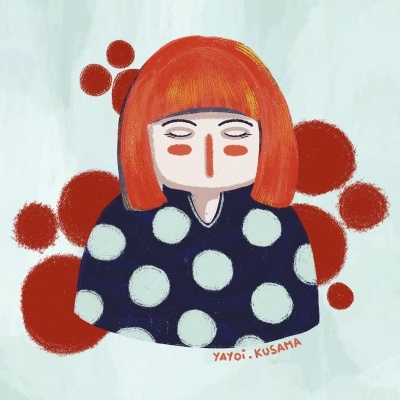 Ilustração personagem com cabelo laranja e roupa azul com bolinhas brancas