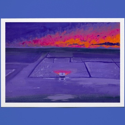 pintura de paisagem ao entardecer com céu colorido e luz vermelha