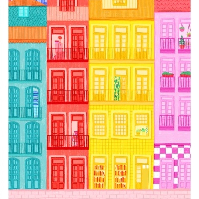 Desenho de prédios coloridos à beira de um rio